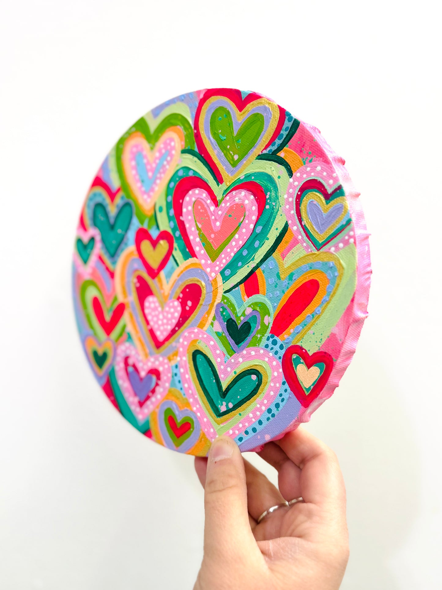 Colorful Hearts Original Painting on Circle Canvas 1