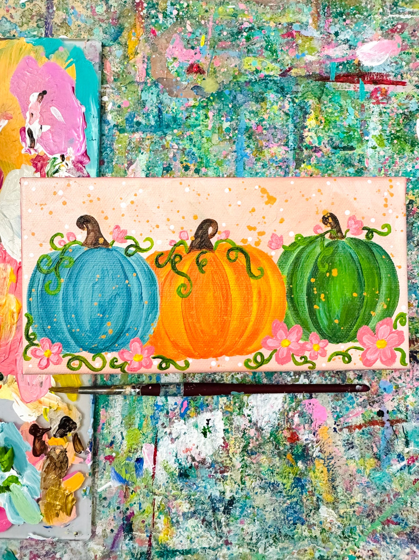 “Petals & Pumpkins” Pumpkin Painting on 4x8 inch canvas