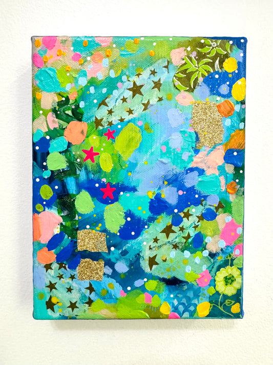 “Dancing Among the Stars" Abstract Collage Painting on 6x8 inch canvas