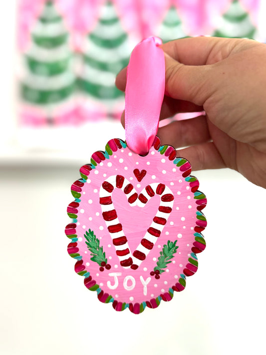 Hand Painted Wooden Ornament Joy Candy Canes