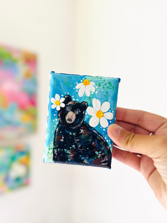 Black Bear Floral Mini Canvas Blue