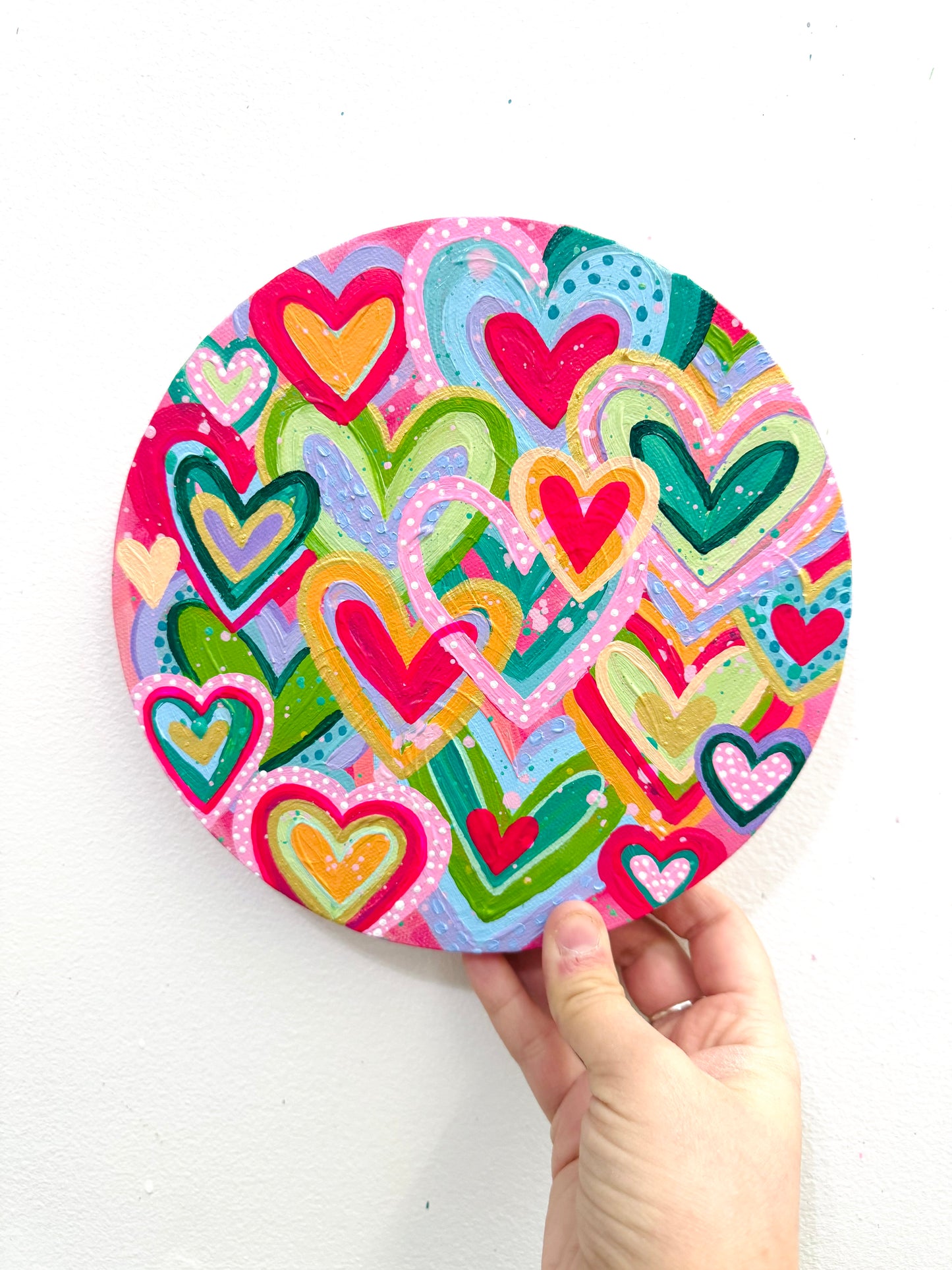 Colorful Hearts Original Painting on Circle Canvas 2