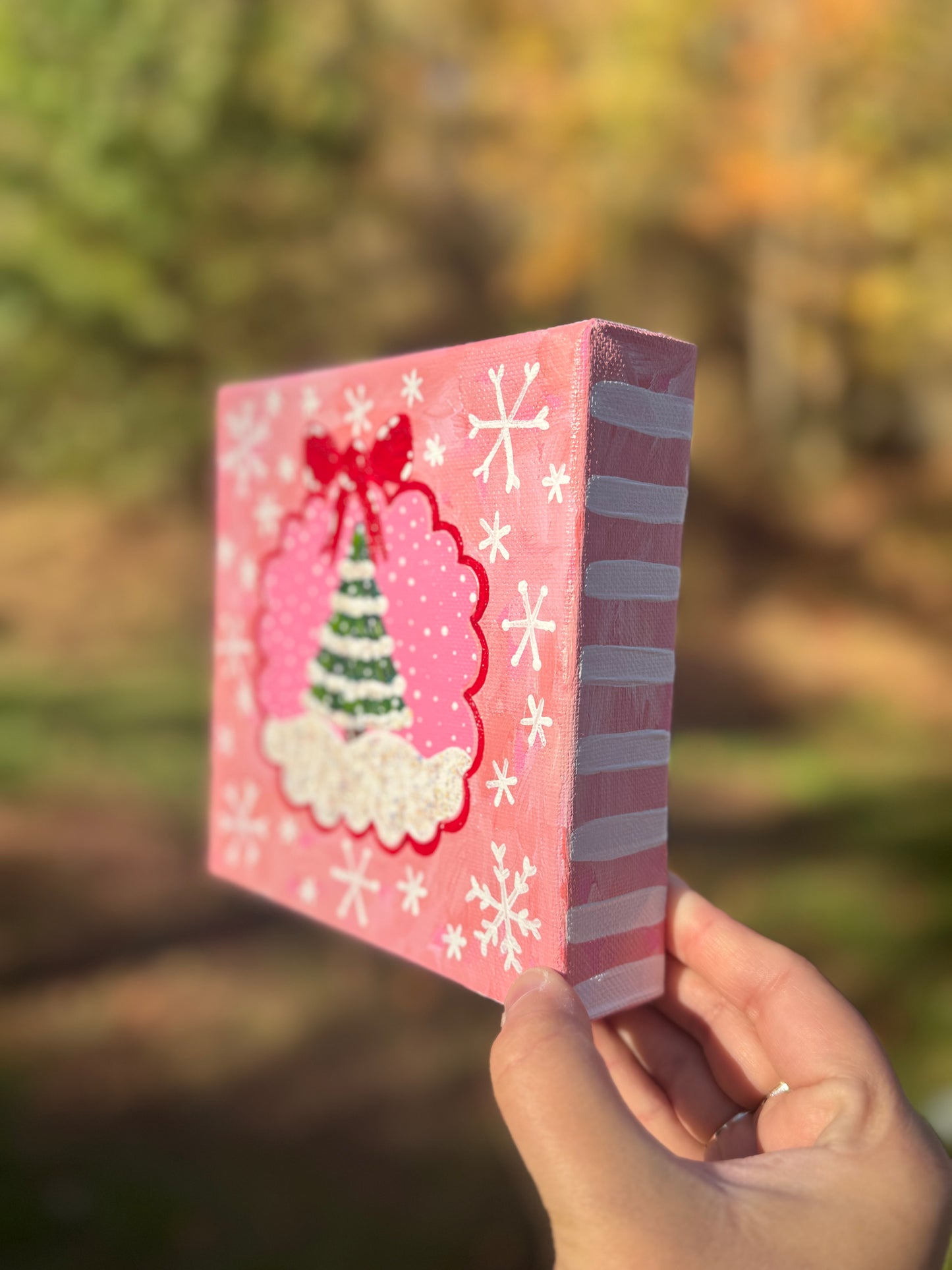 Pink Christmas Tree with Red Bow 6x6 inch original painting on canvas 1