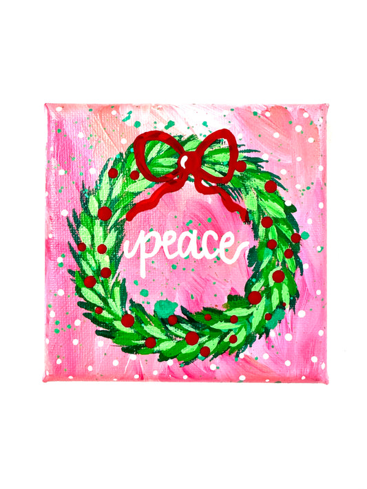 Christmas Wreath Original 4x4 inch canvas pink peace