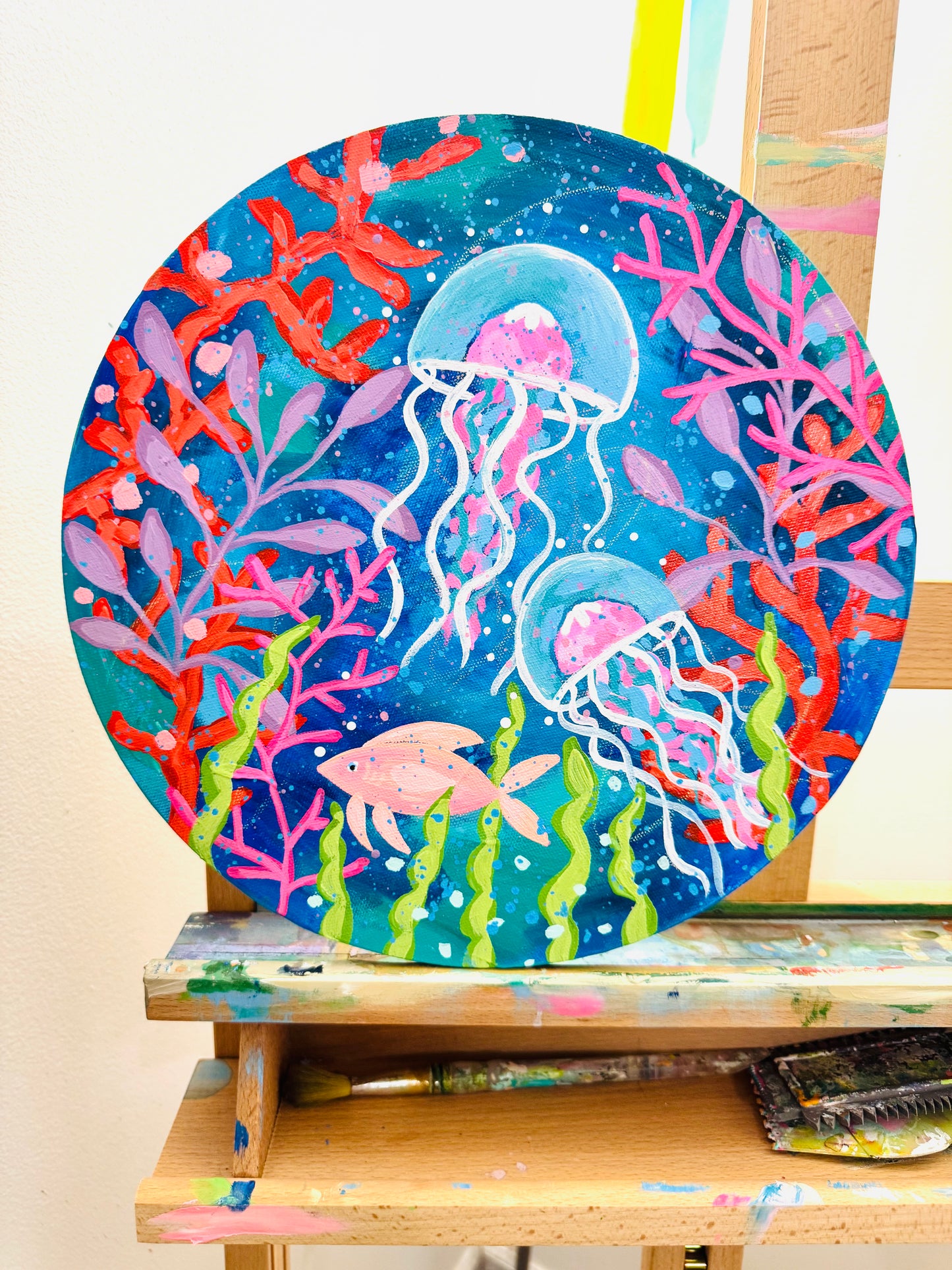 "Go with the Flow" Original Ocean Painting on 12 inch diameter circle canvas