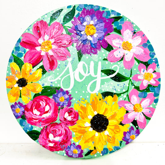 “A Year of Joy” 12x12 inch original abstract painting on round canvas