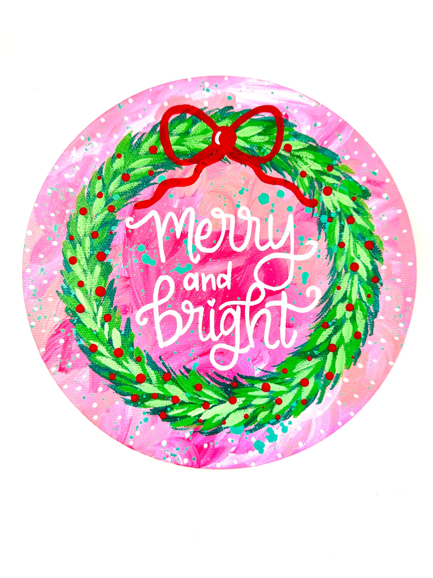 Christmas Wreath Original on Circle Canvas Merry and Bright Pink