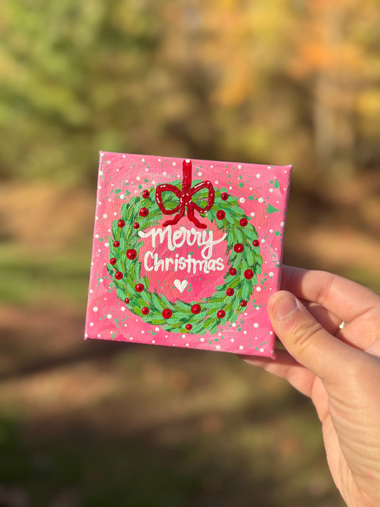 Christmas Wreath Mini Canvas Pink Merry Christmas
