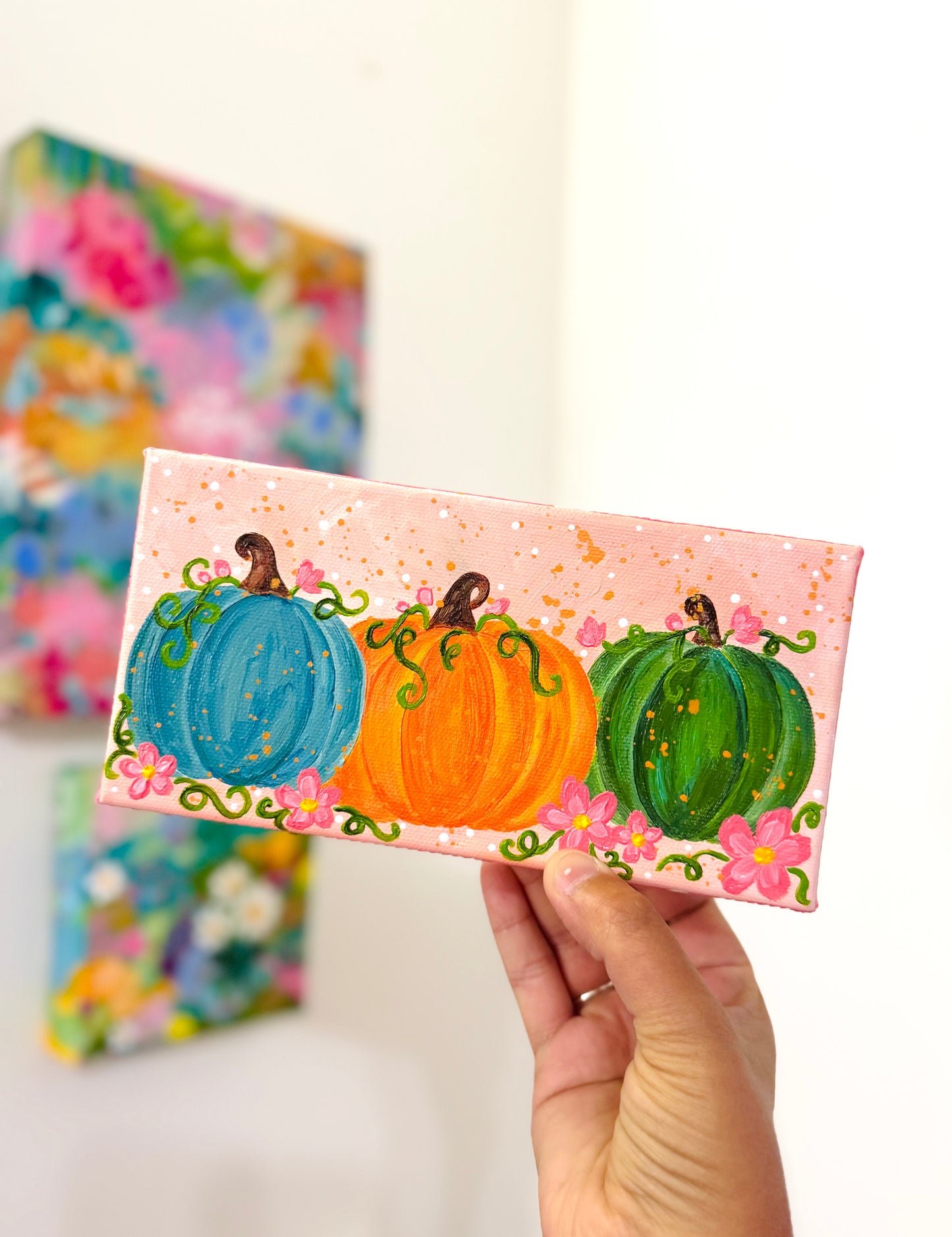 “Petals & Pumpkins” Pumpkin Painting on 4x8 inch canvas