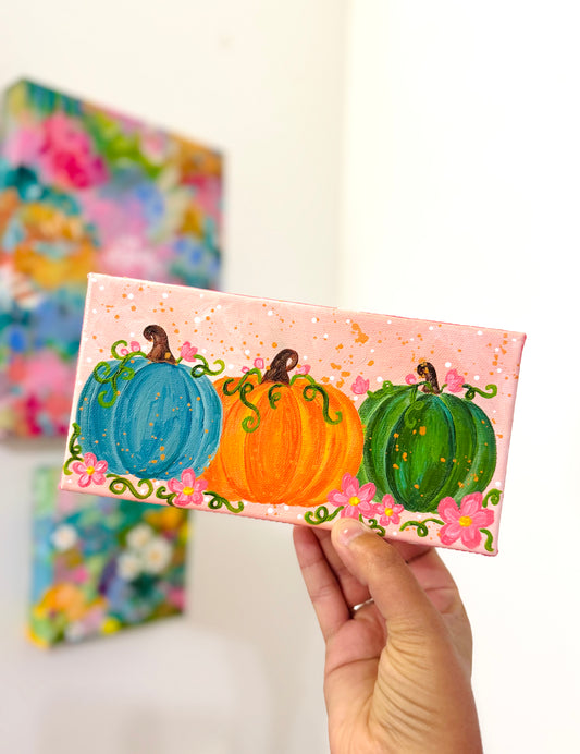 “Petals & Pumpkins” Pumpkin Painting on 4x8 inch canvas