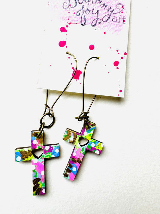 Colorful, Hand Painted Cross Earrings 10