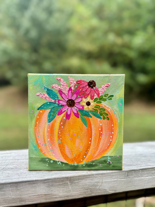 “Harvest Blooms” Pumpkin Painting on 6x6 inch canvas