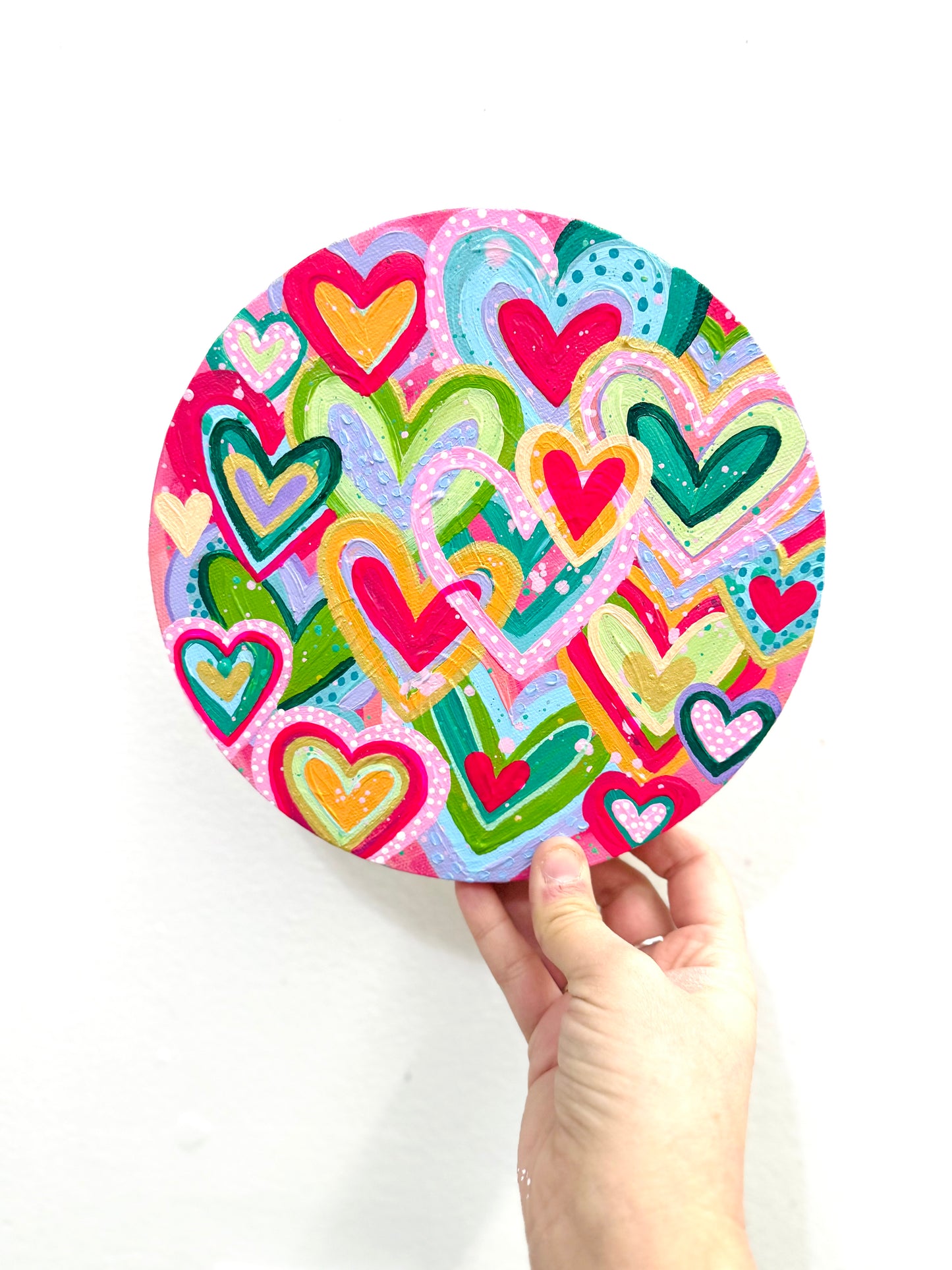 Colorful Hearts Original Painting on Circle Canvas 2