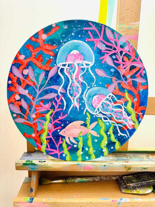 "Go with the Flow" Original Ocean Painting on 12 inch diameter circle canvas