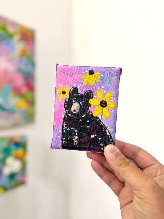 Black Bear Floral Mini Canvas Purple