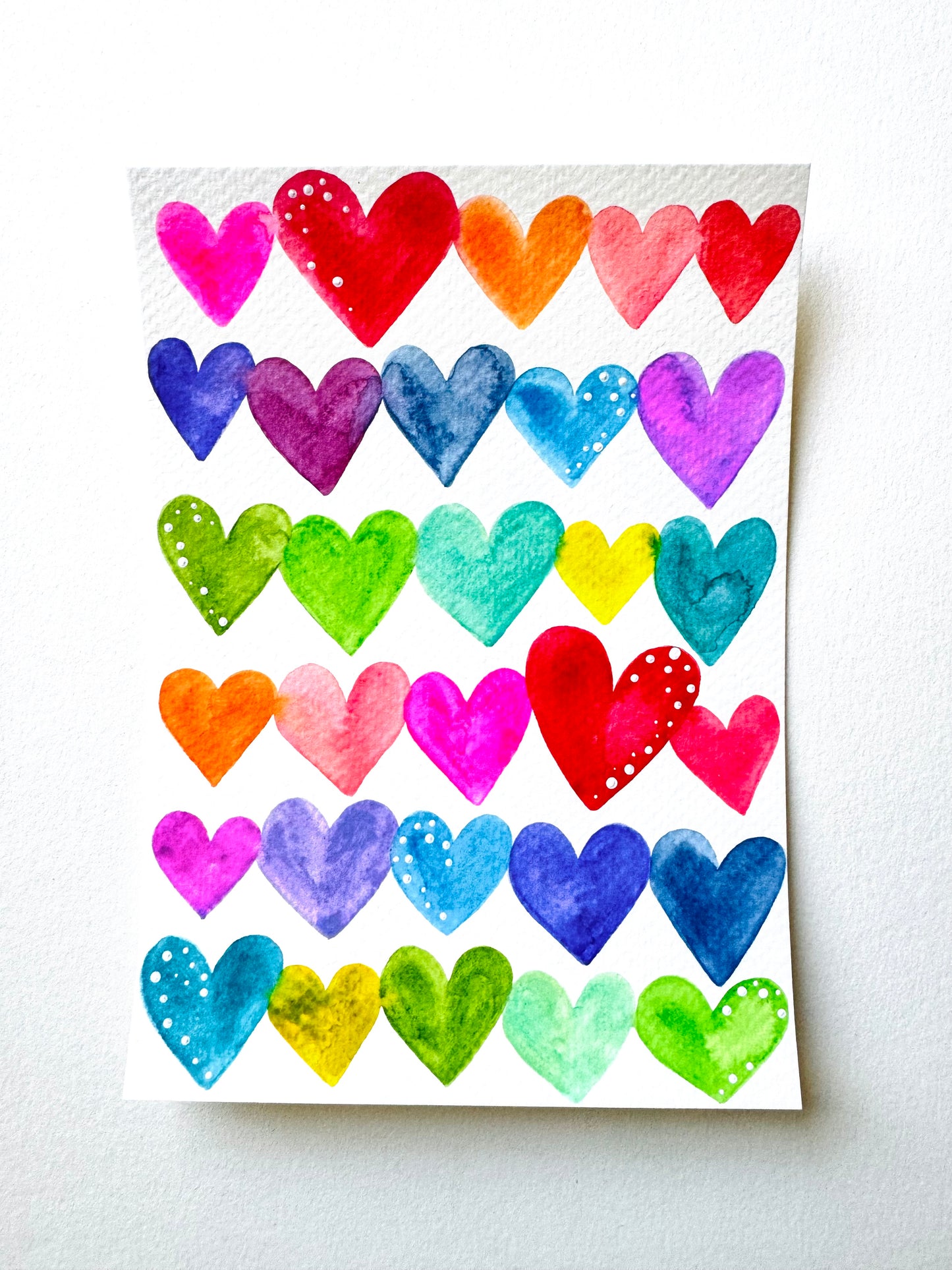 Rainbow Watercolor Hearts Original Painting on 5x7 inch paper no. 3