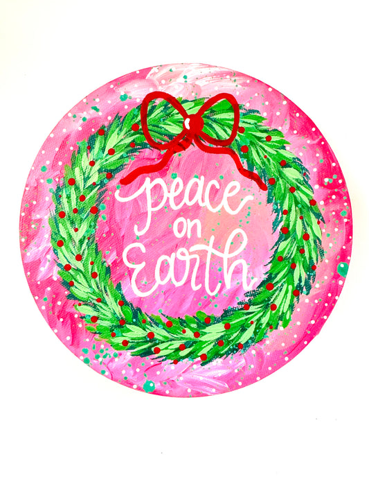Christmas Wreath Original on Circle Canvas Peace on Earth Pink