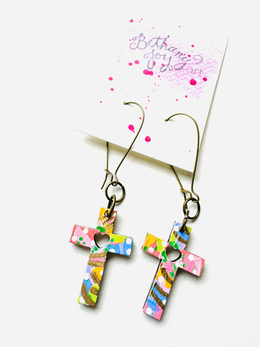 Colorful, Hand Painted Cross Earrings 15