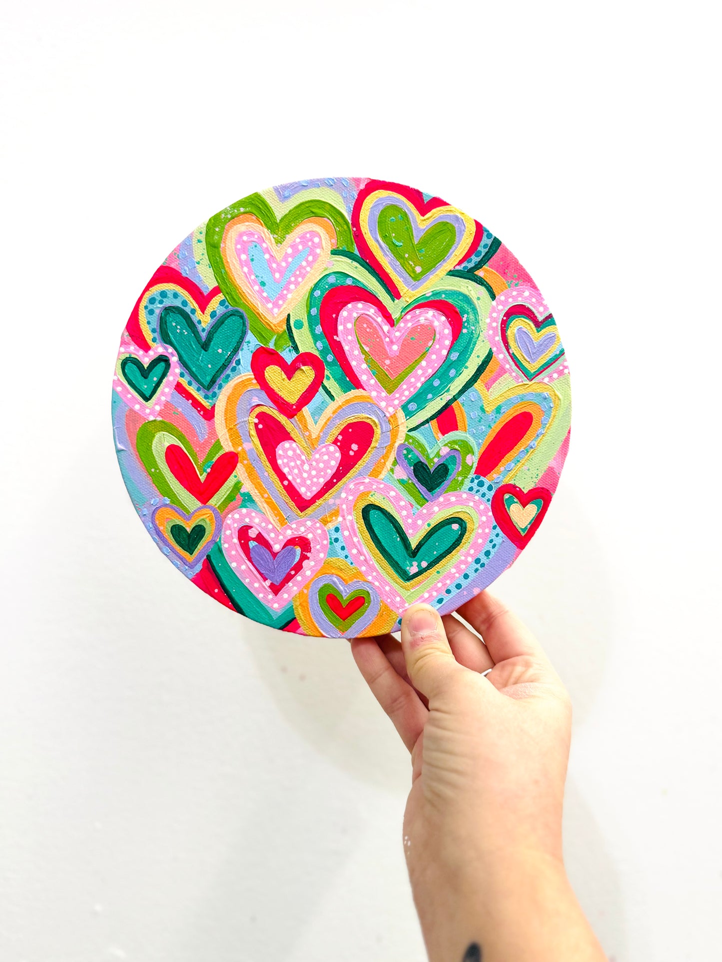 Colorful Hearts Original Painting on Circle Canvas 1