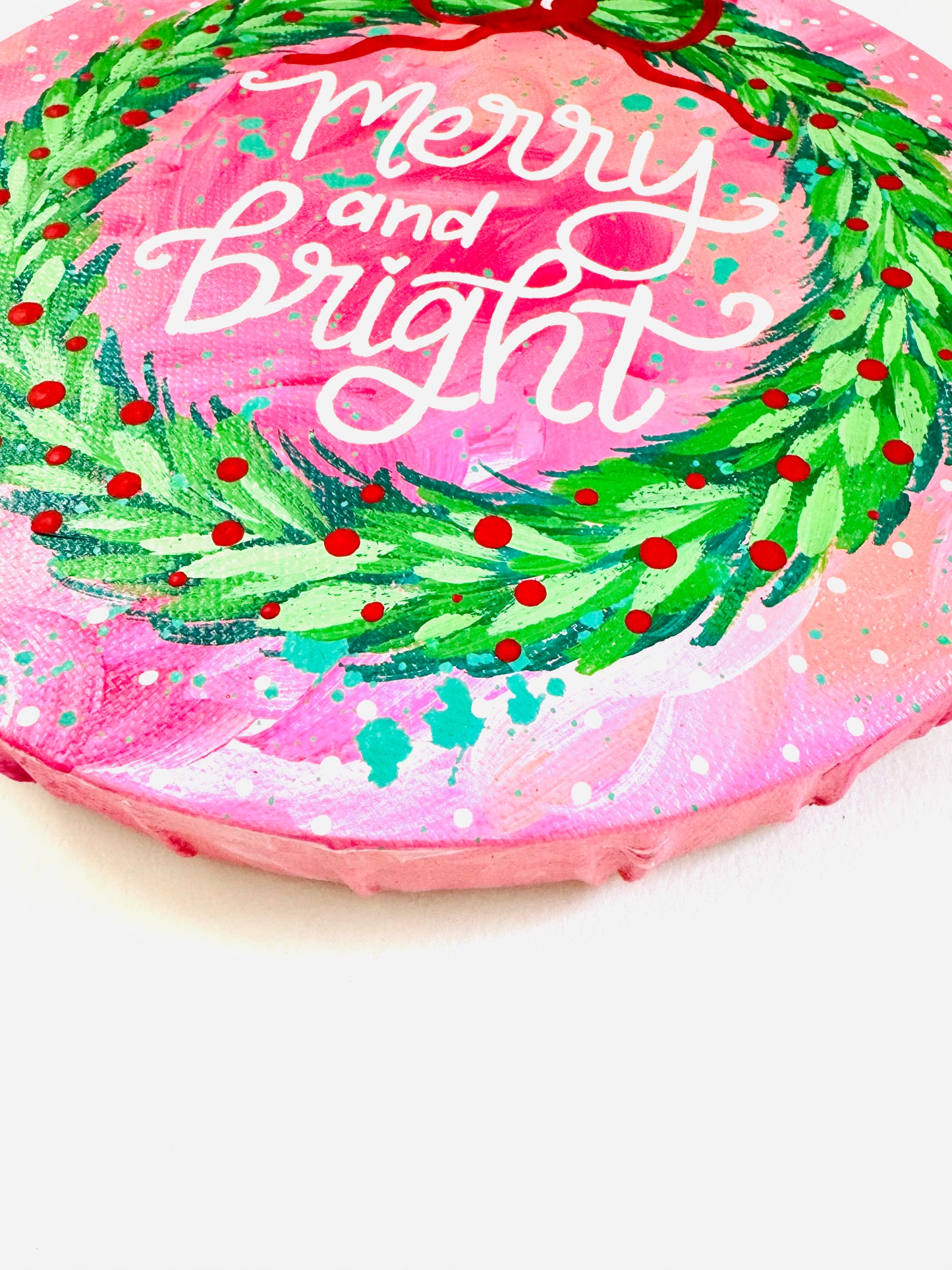 Christmas Wreath Original on Circle Canvas Merry and Bright Pink