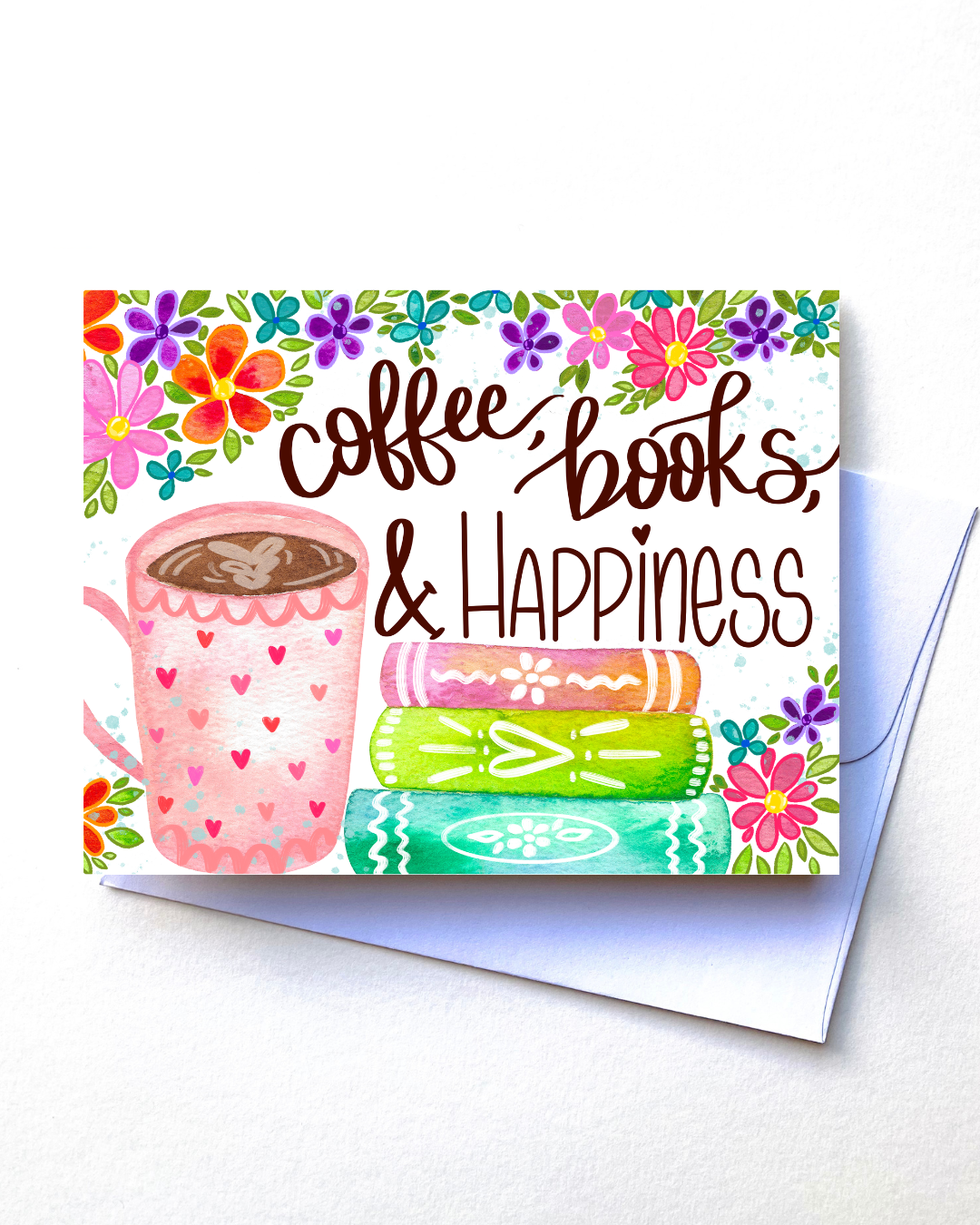 Coffee, Books, and Happiness Watercolor greeting card illustration with white envelope on white background