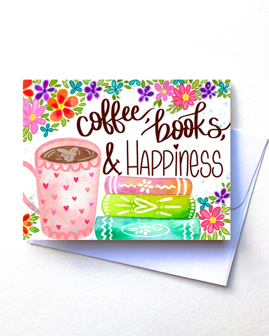 Coffee, Books, and Happiness Watercolor greeting card illustration with white envelope on white background