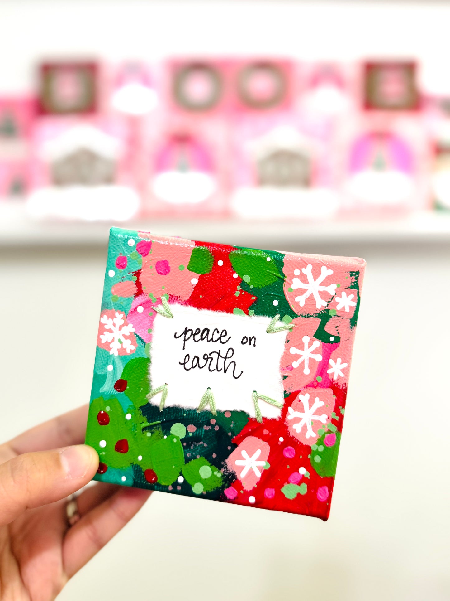 Peace on Earth 4x4 inch original abstract canvas with embroidery thread accents