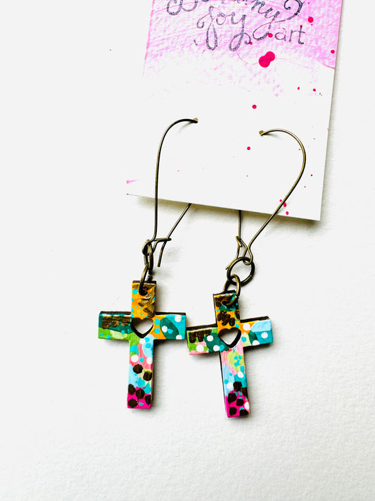Colorful, Hand Painted Cross Earrings 9