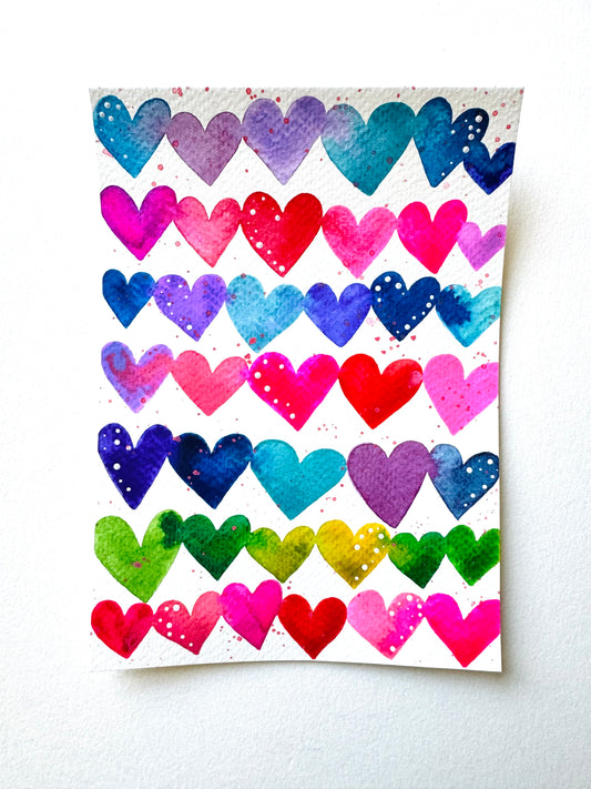 Rainbow Watercolor Hearts Original Painting on 5x7 inch paper no. 4