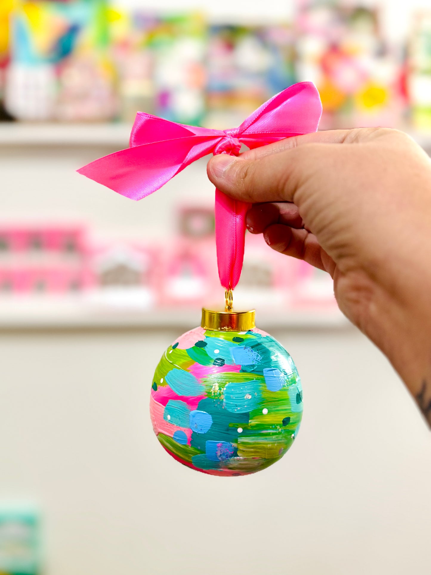 Hand Painted Ceramic Round Ornament Multi-Color Abstract 4