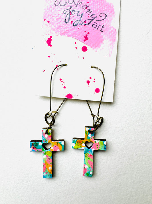 Colorful, Hand Painted Cross Earrings 4