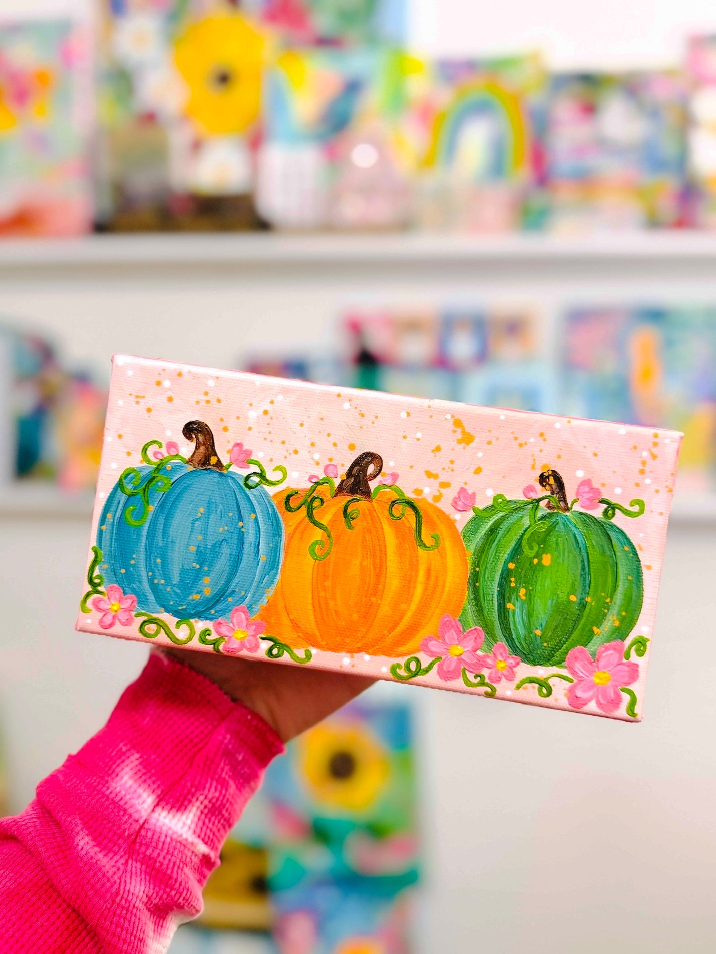 “Petals & Pumpkins” Pumpkin Painting on 4x8 inch canvas