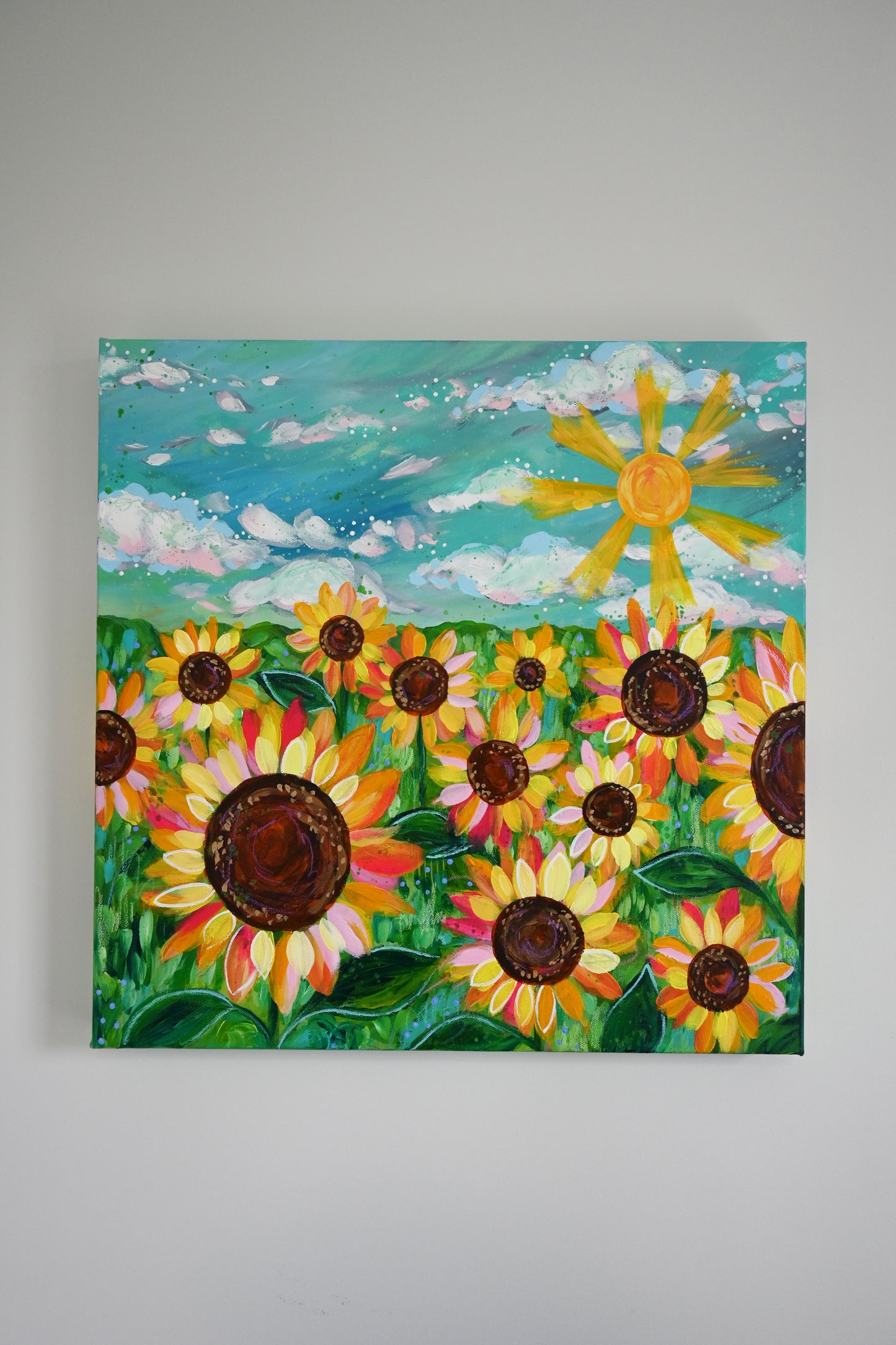 "Sunshine and Sunflowers Forever" 20x20 inch original abstract painting on canvas