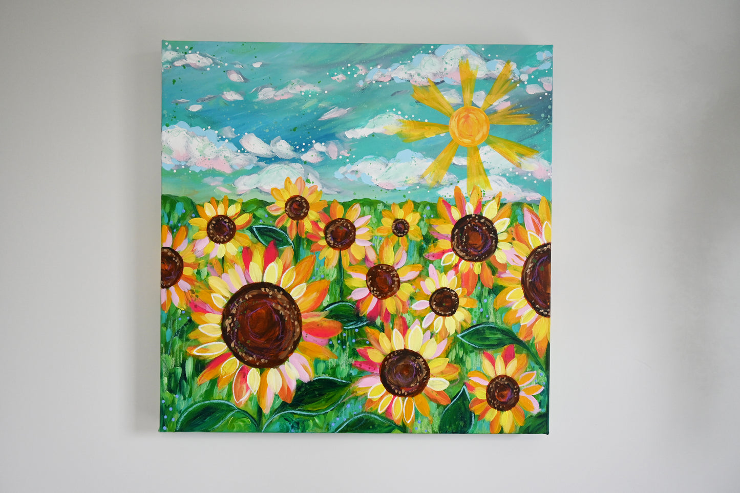 "Sunshine and Sunflowers Forever" 20x20 inch original abstract painting on canvas