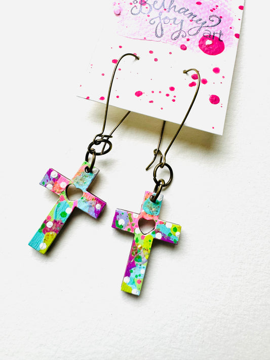 Colorful, Hand Painted Cross Earrings 19