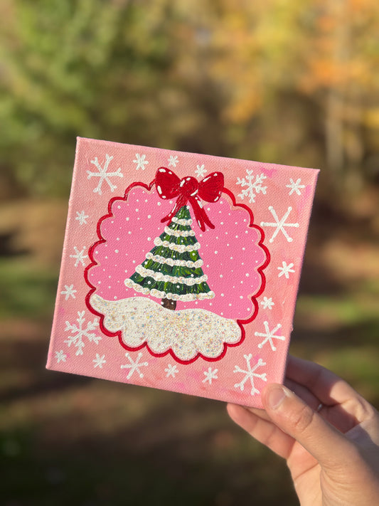 Pink Christmas Tree with Red Bow 6x6 inch original painting on canvas 2