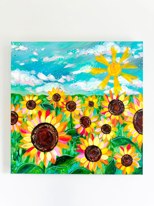 "Sunshine and Sunflowers Forever" 20x20 inch original abstract painting on canvas