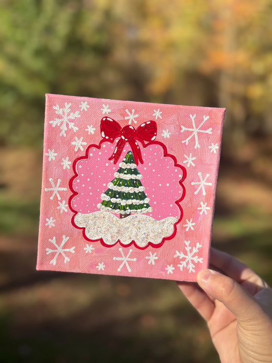 Pink Christmas Tree with Red Bow 6x6 inch original painting on canvas 1