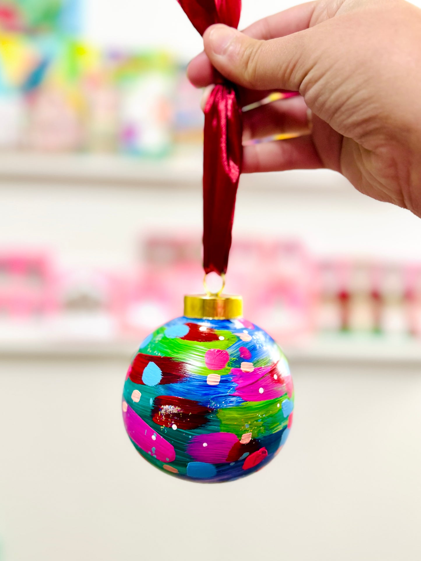 Hand Painted Ceramic Round Ornament Multi-Color Abstract 8