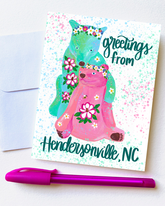 "Greetings from Hendersonville, NC Blue Ridge Blossom Bear" Card with Envelope