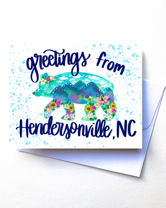 "Greetings from Hendersonville, NC Daisy Dogwood Bear" Card with Envelope