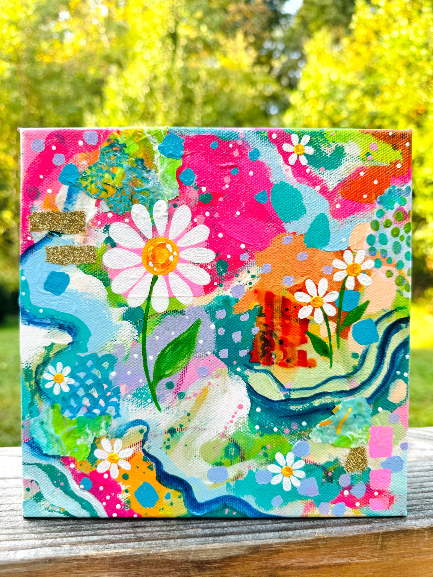 “In the Meadow” Abstract Collage Painting on 8x8 inch canvas