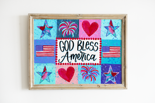 Decorative art print with 'God Bless America' text, stars, hearts, and flags on a blue background.