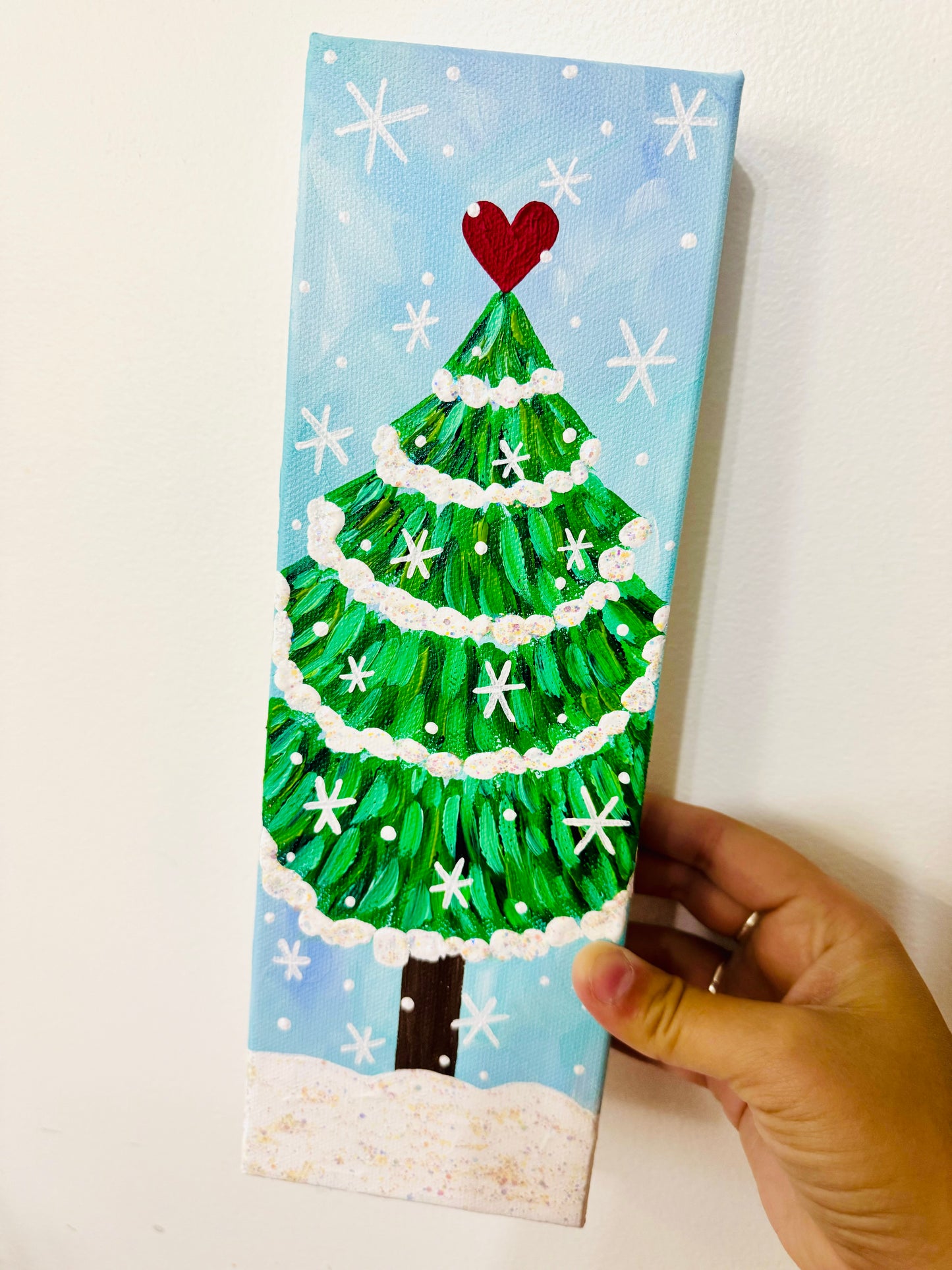 Blue Christmas Tree 12x4 inch original painting on canvas 2