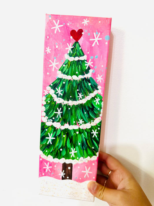 Pink Christmas Tree 12x4 inch original painting on canvas 1