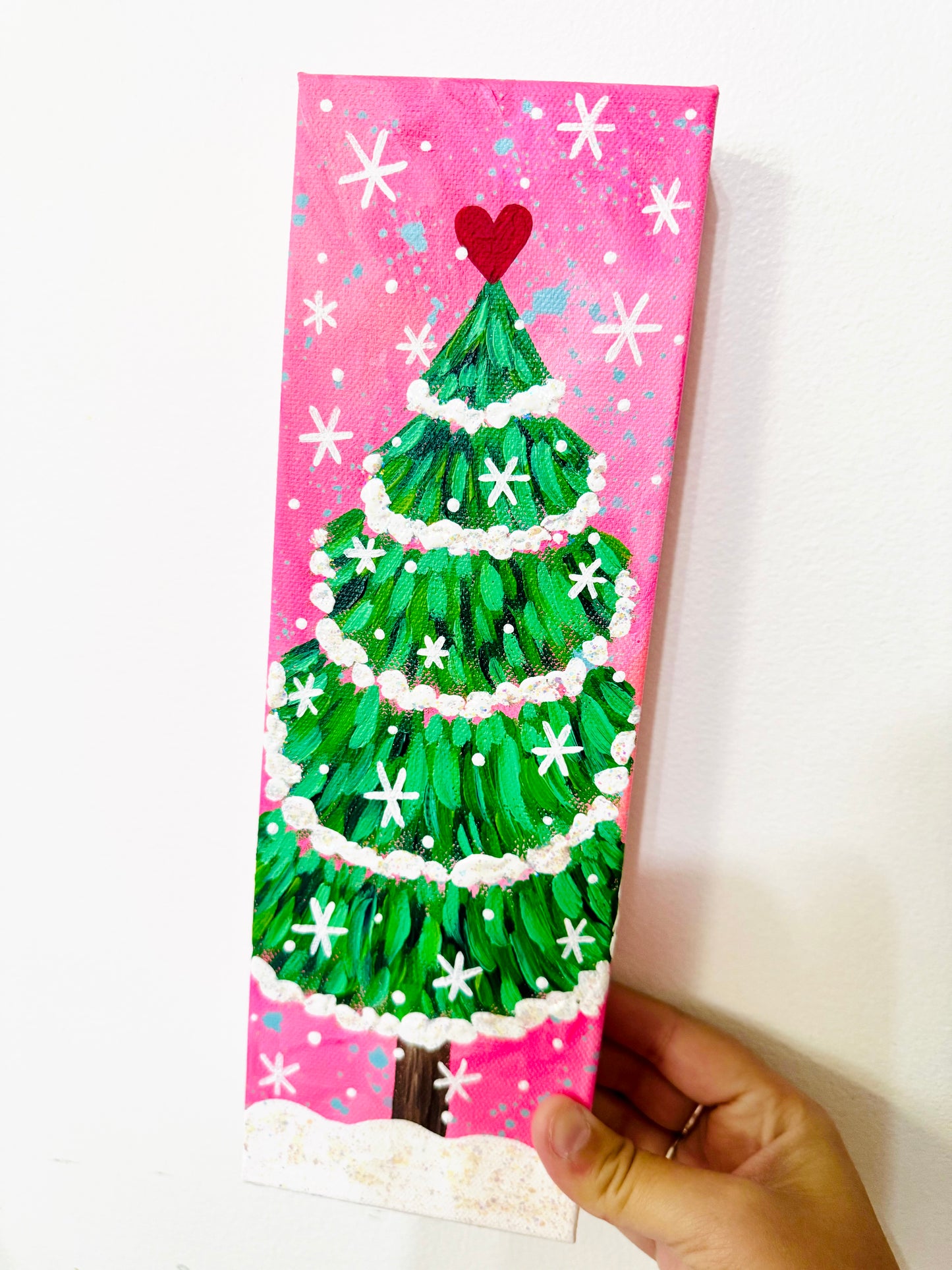 Pink Christmas Tree 12x4 inch original painting on canvas 2