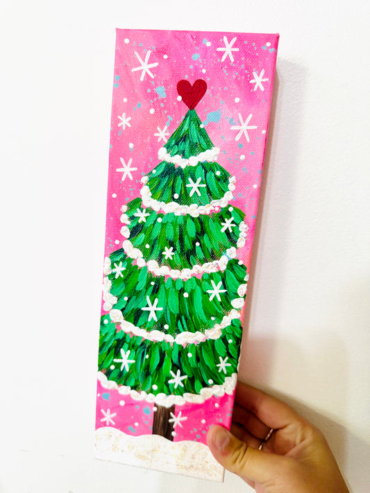 Pink Christmas Tree 12x4 inch original painting on canvas 2