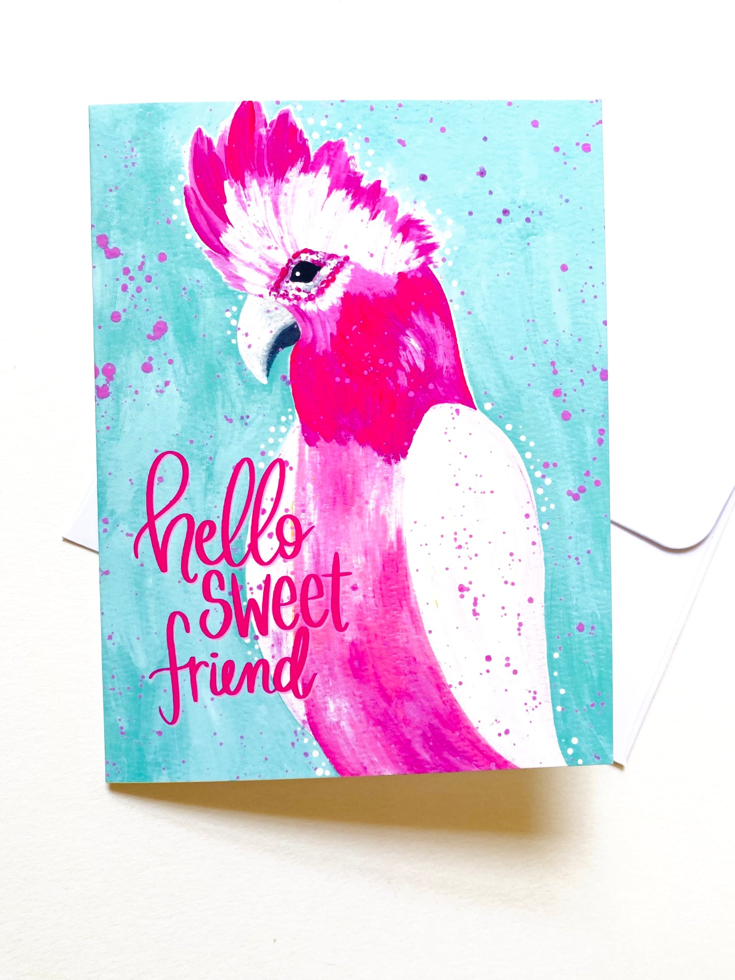 “Hello Sweet Friend” Pink Parrot Card with Envelope