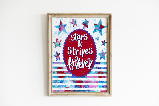 Decorative sign with 'Stars & Stripes forever' text on a white background
