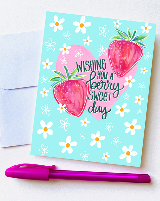 "Wishing You a Berry Sweet Day" Aqua Card with Envelope